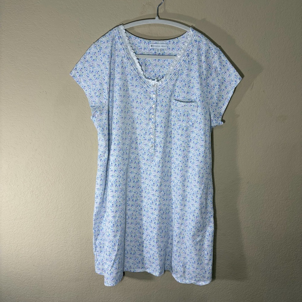 Eileen West lilac & blue tulip  Floral Cotton soft knit Nightgown Sz XL Lounge